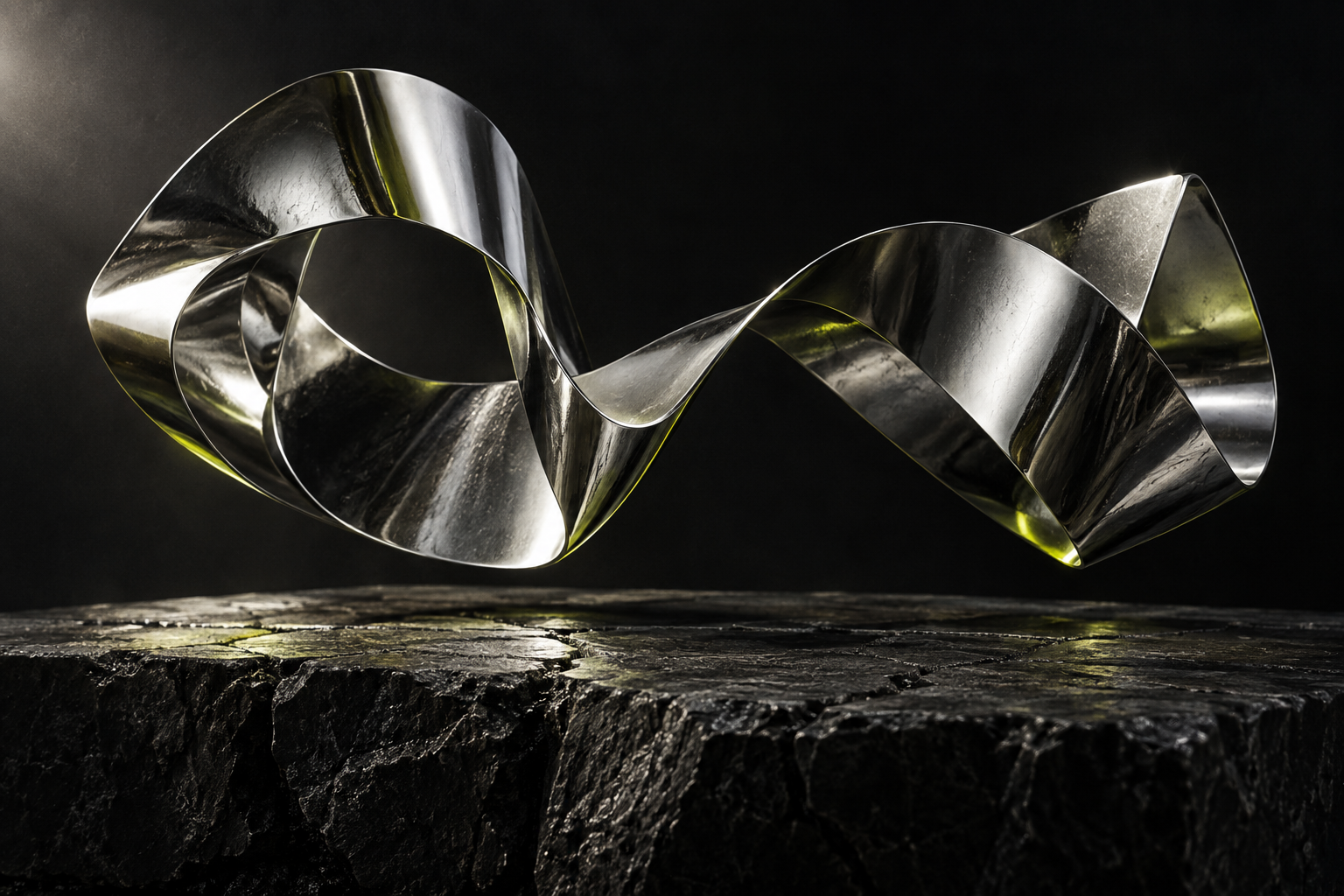 A sculptural chrome ribbon suspended above dark textured stone