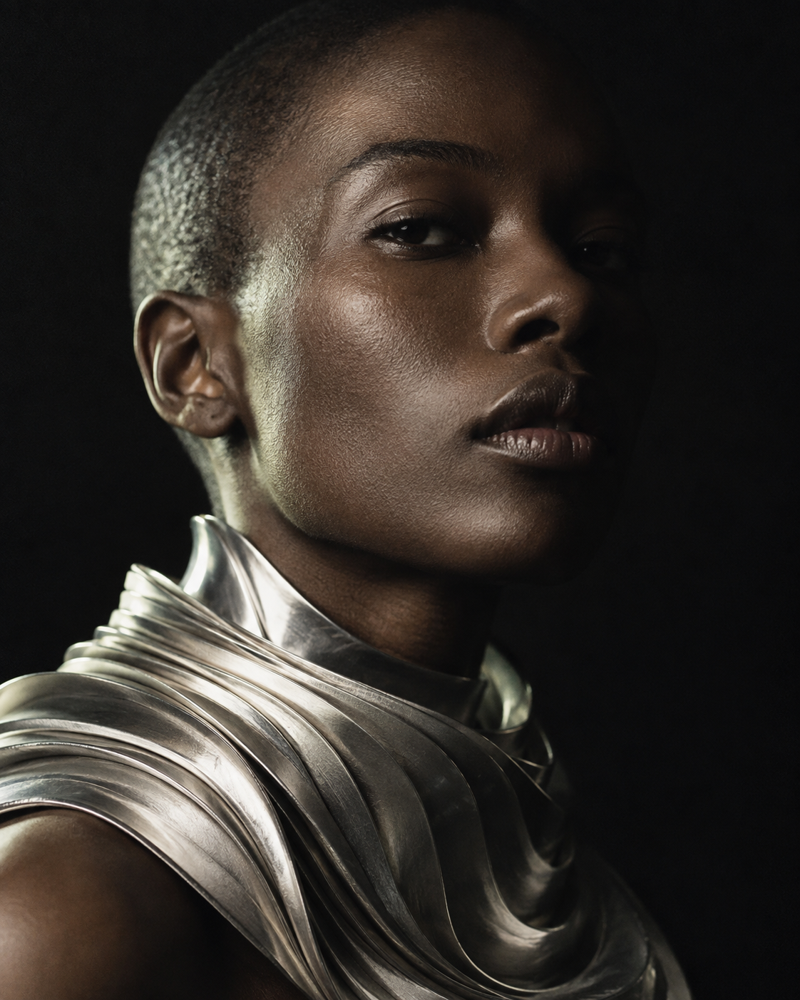 Editorial portrait concept with dramatic side lighting and a sculptural silver collar
